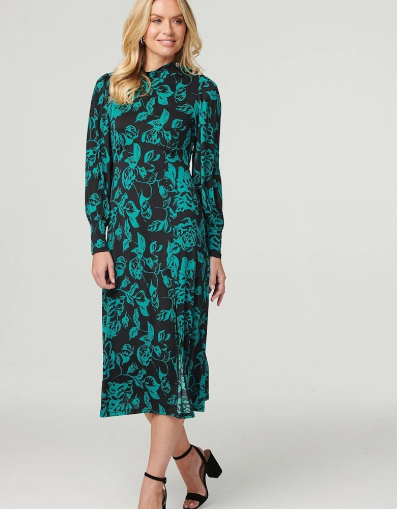 Floral High Neck Split Midi Dress