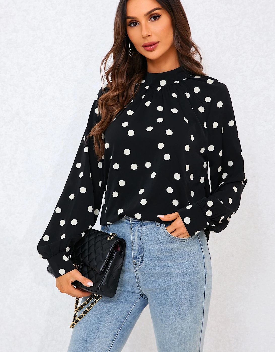 Black Dot Print Halter Neck Blouse Top In Black, 2 of 1