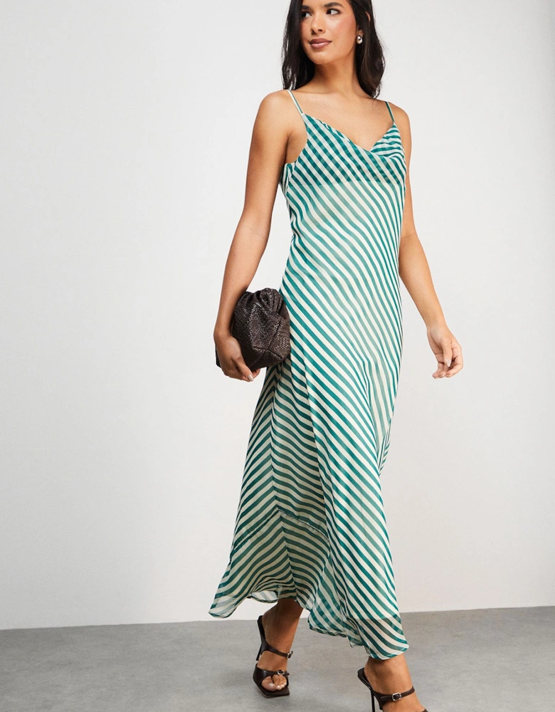 Chiffon Stripe Cowl Bias Strappy Maxi Dress