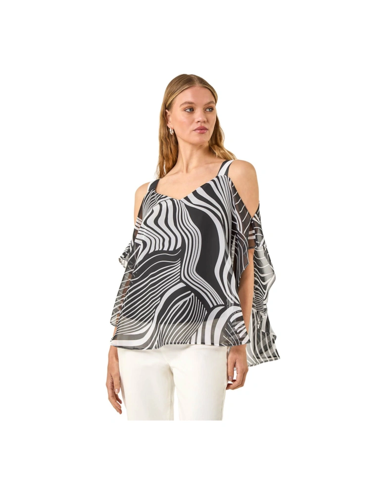 Mono Print Cold Shoulder Top