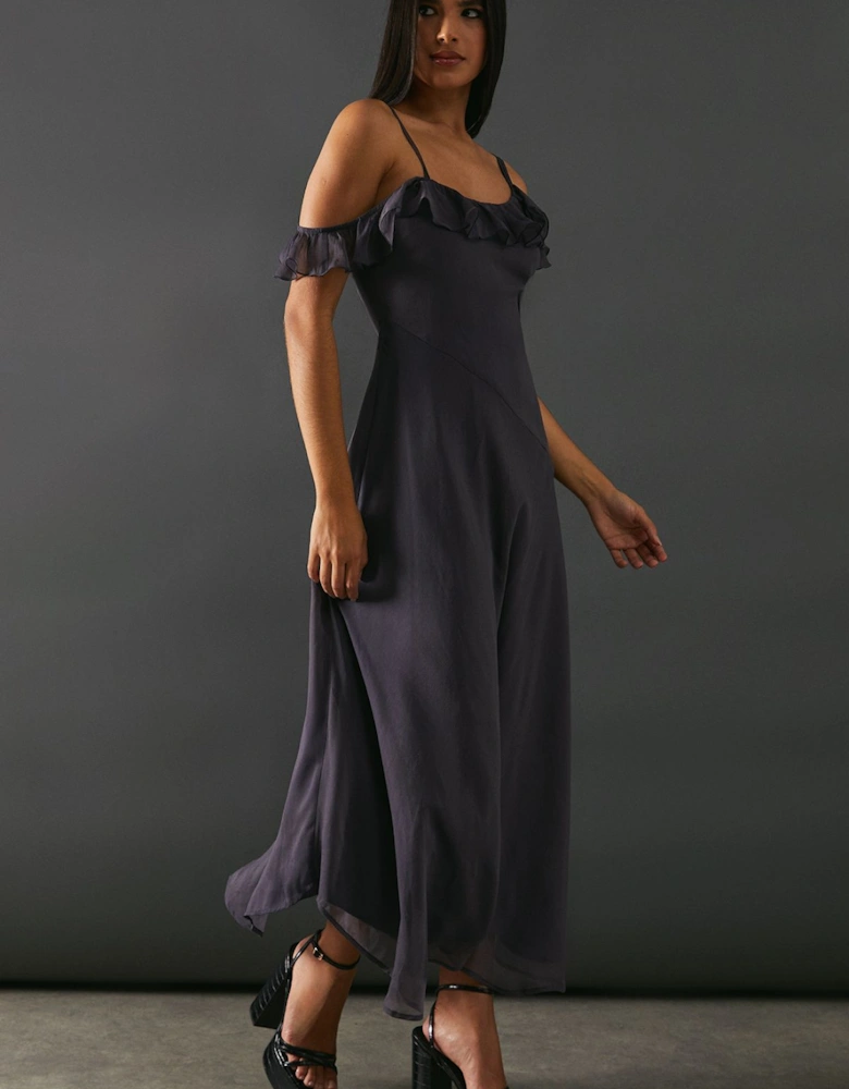 Chiffon Asymmetric Hem Bias Ruffle Strappy Midaxi Dress