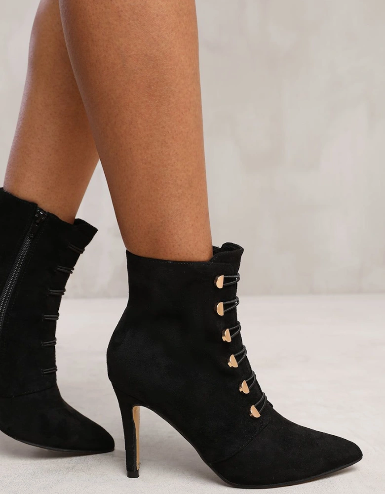 'Leane' Pointed Toe Mid Heel Ankle Boots With Gold Buttons