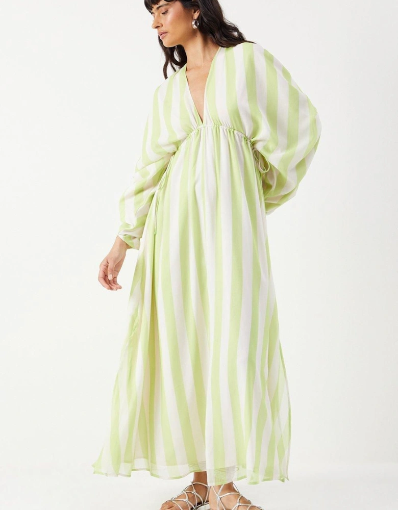 Stripe Chiffon Pleat Plunge Neck Batwing Midaxi Dress