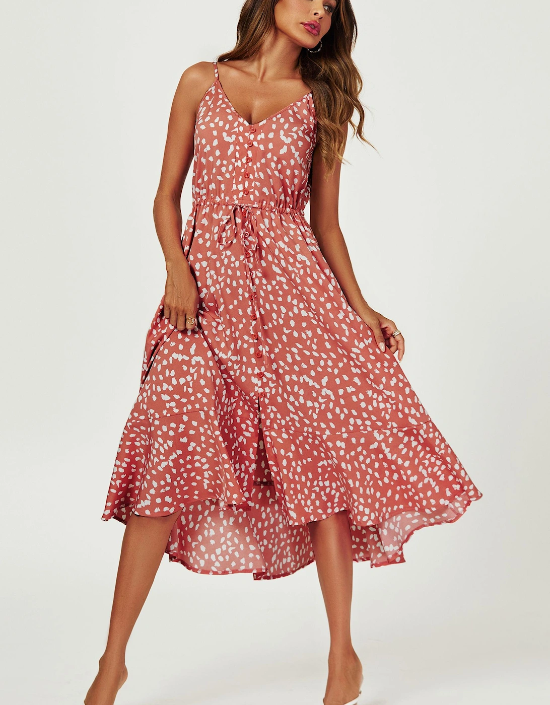 Button Down High Low Strappy Dress In Dusty Red, 2 of 1