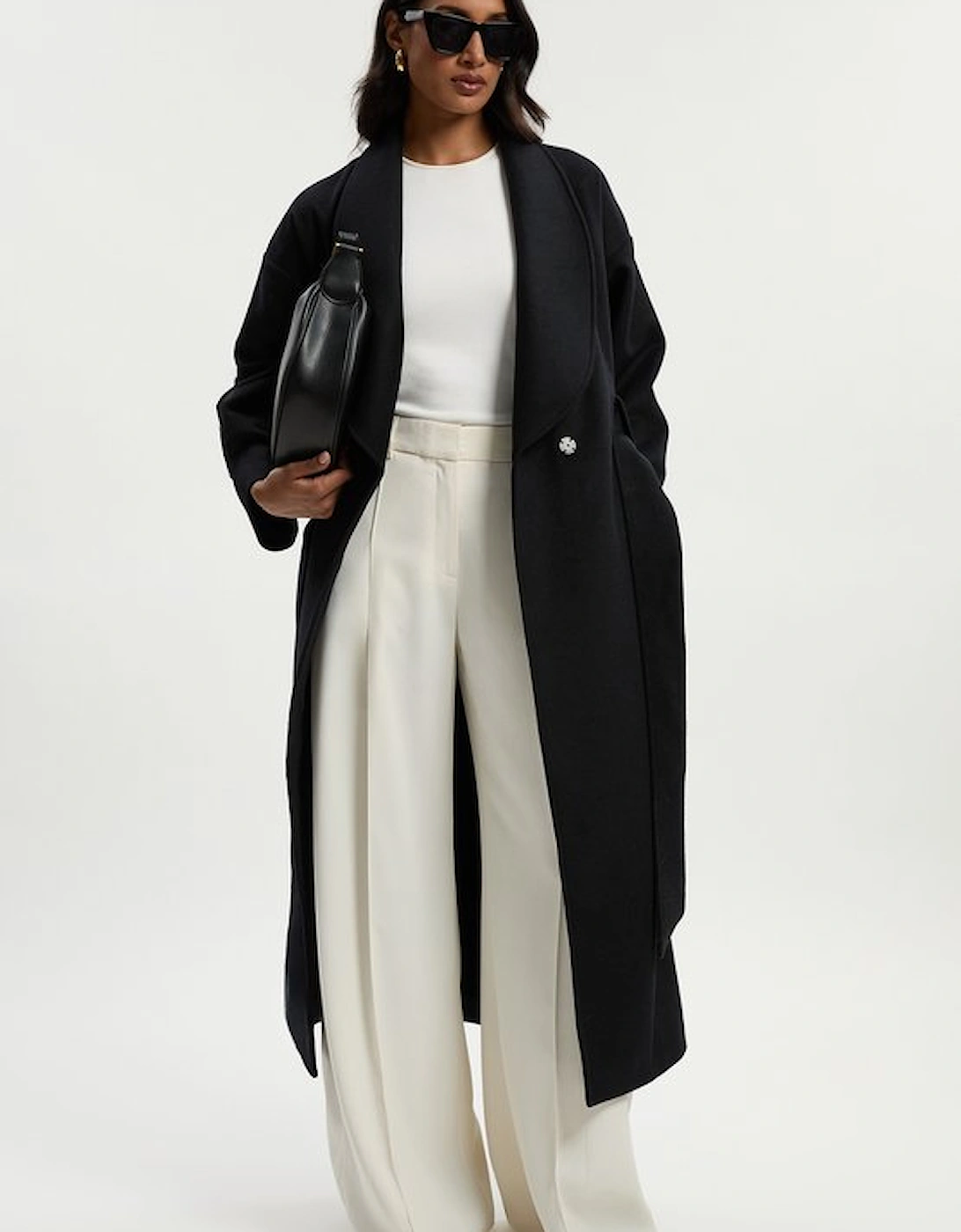 Petite Brushed Wool  Belted Wrap Tailored Maxi Coat