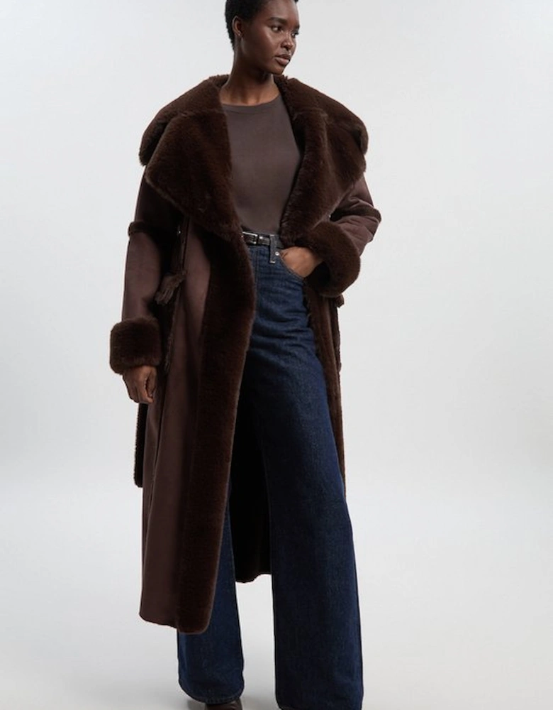 Faux Shearling Collar & Cuff Tie Belt Maxi Coat
