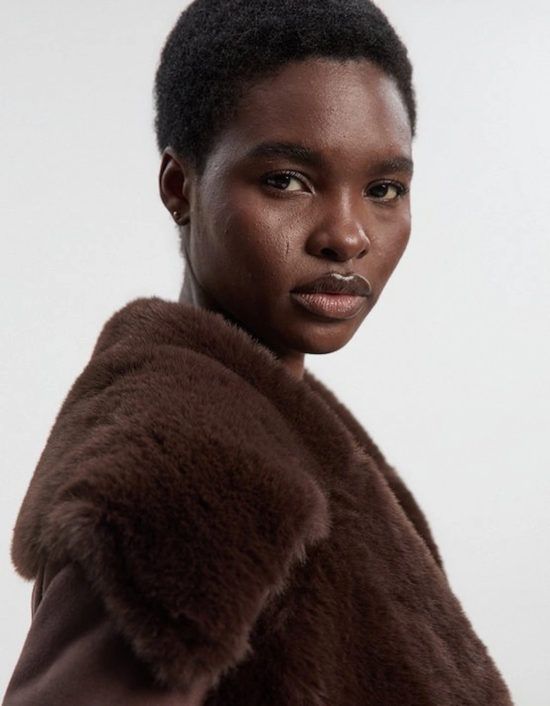 Faux Shearling Collar & Cuff Tie Belt Maxi Coat