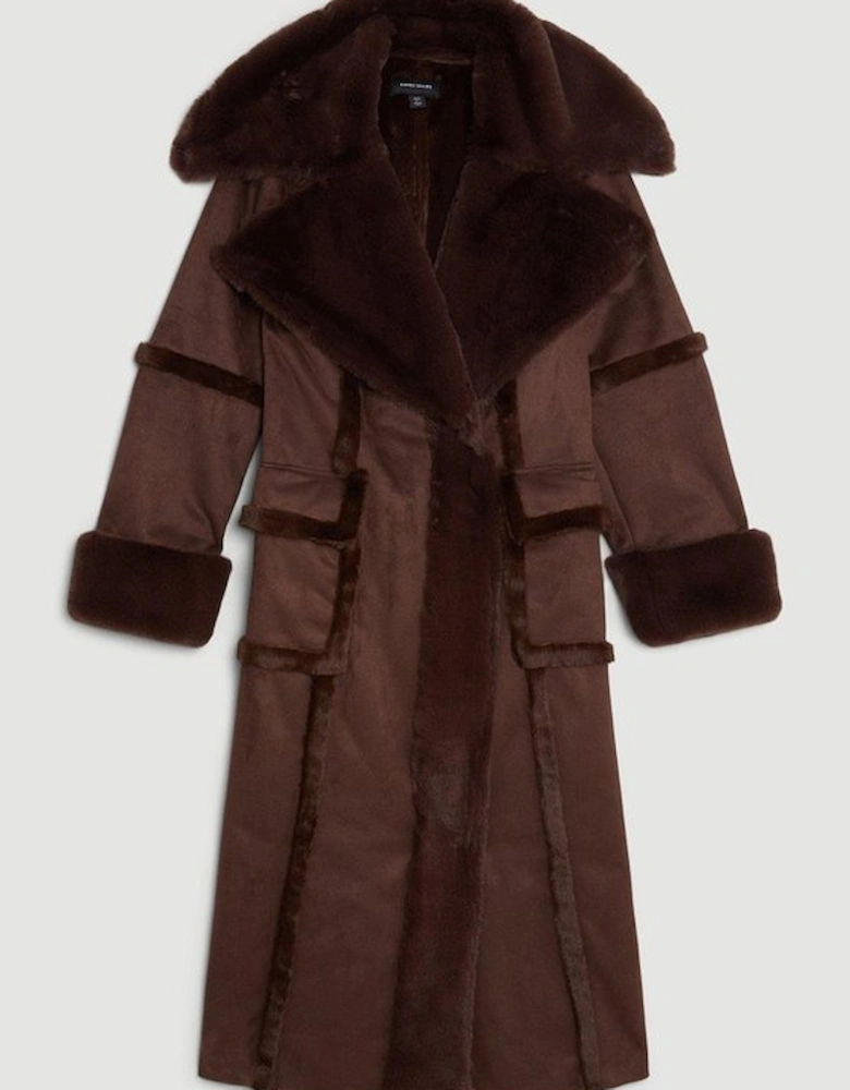 Faux Shearling Collar & Cuff Tie Belt Maxi Coat