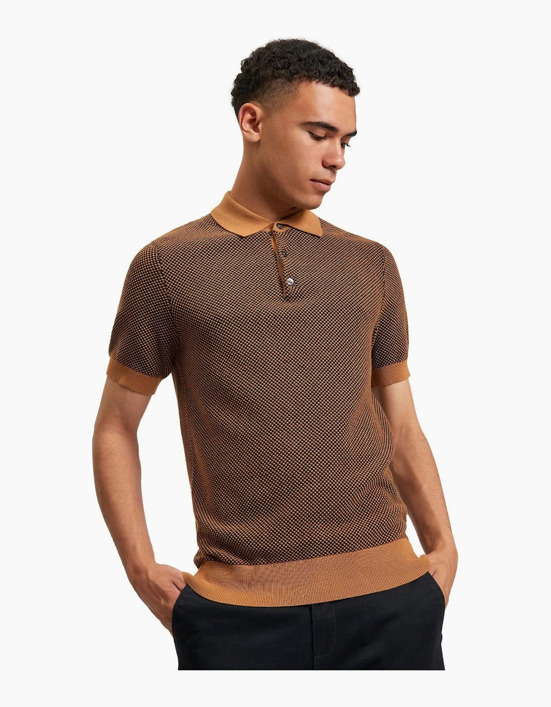 Men's Ben Sherman Mens Bicoloured Textured Short Sleeve Polo Shirt - Brown - Size: 46
