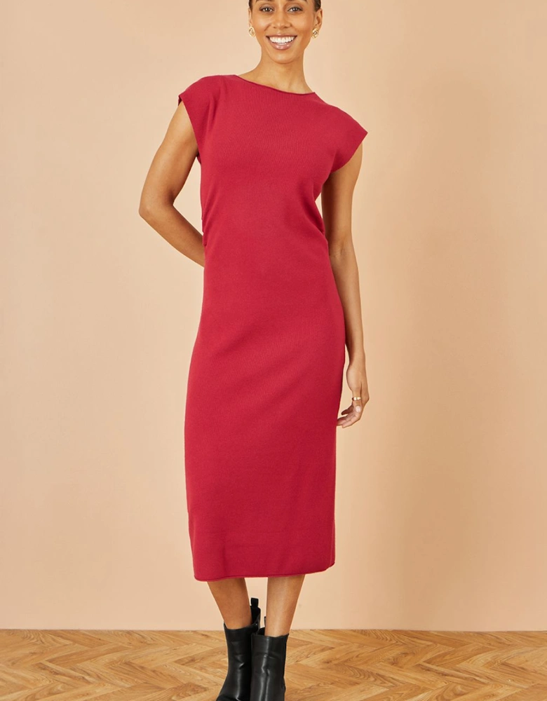 Burgundy Knitted Ruched Midi Dress