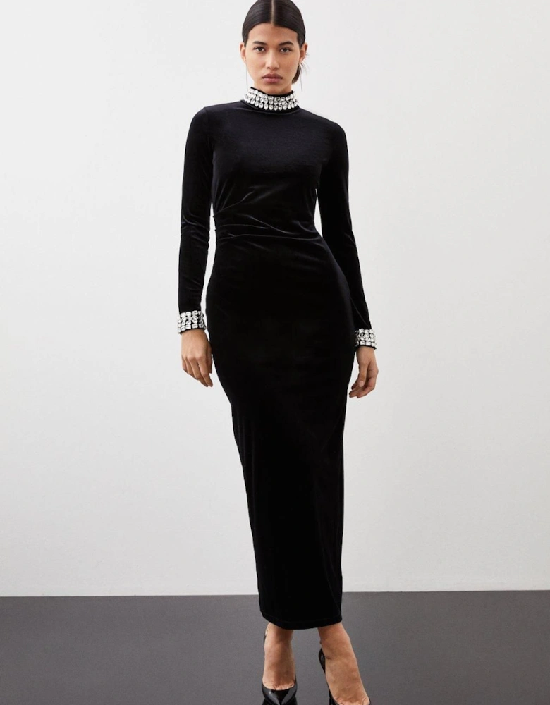 Stretch Velvet Crystal Embellished Long Sleeve Maxi Dress