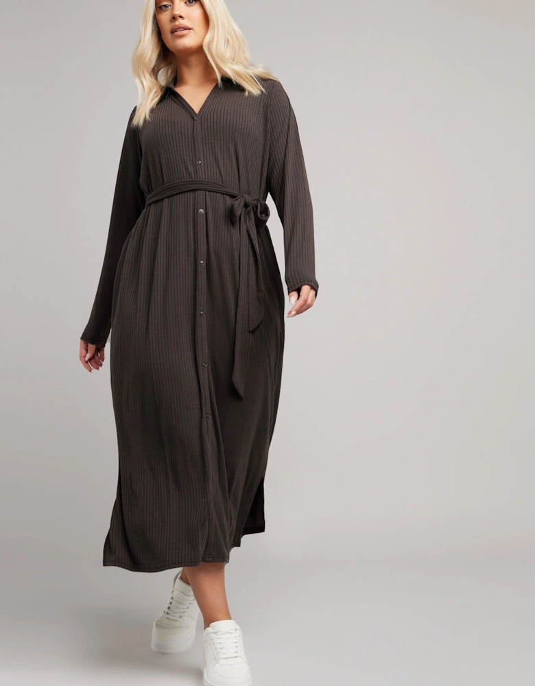 Button Front Ribbed Tie Waist Midi Dress