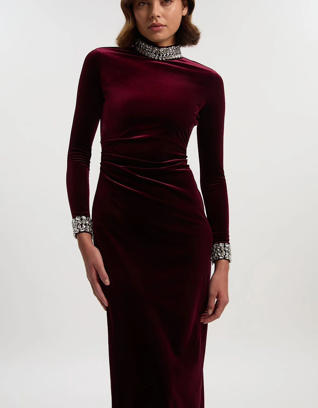 Stretch Velvet Crystal Embellished Long Sleeve Maxi Dress, 2 of 1