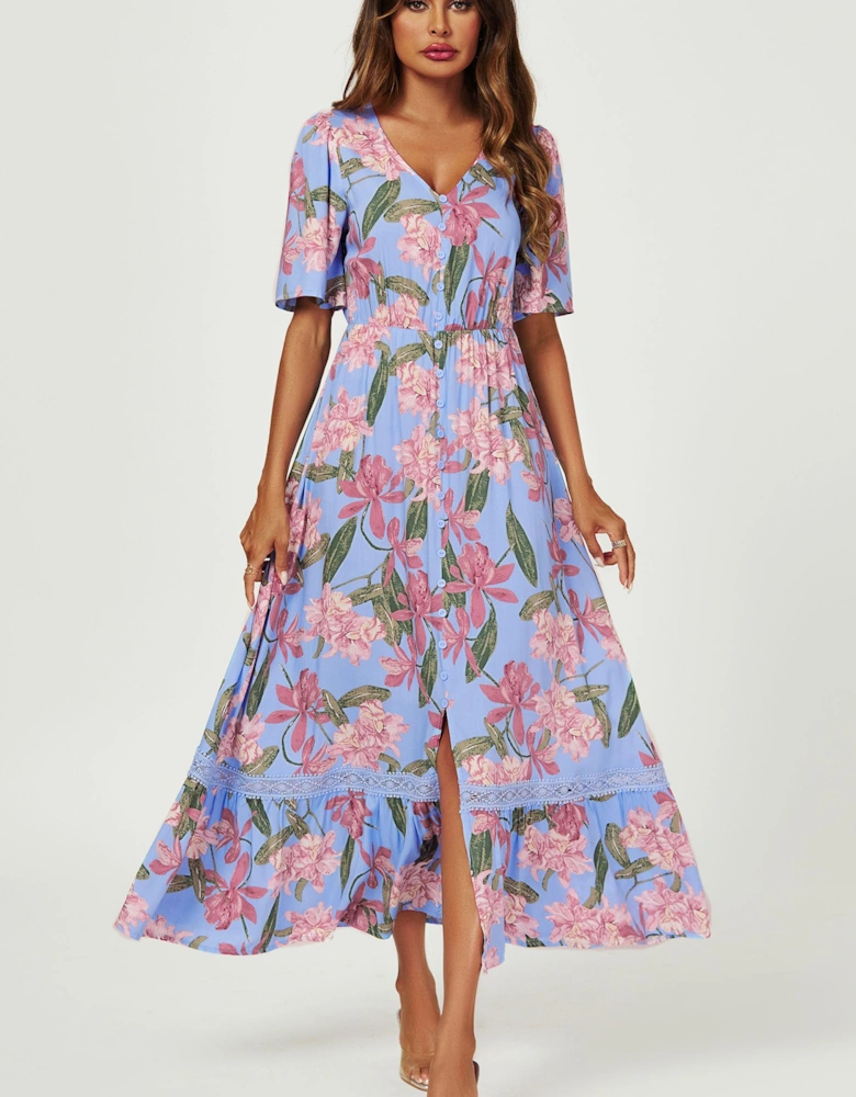 Floral Print Lace Detail Maxi Dress In Blue