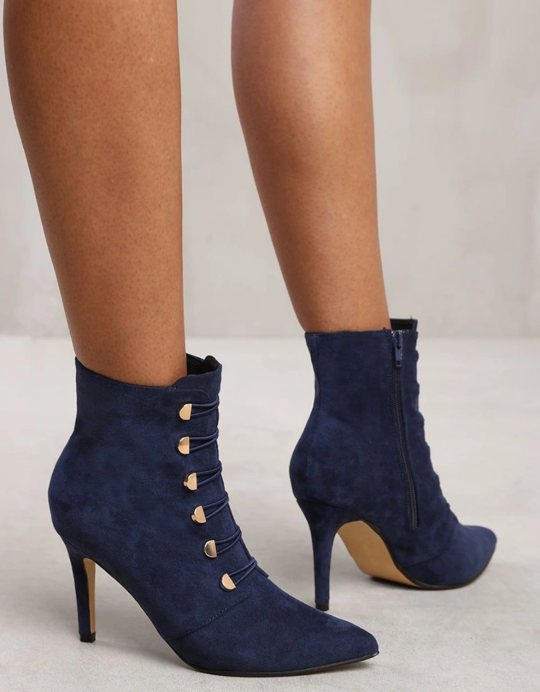 'Leane' Pointed Toe Mid Heel Ankle Boots With Gold Buttons