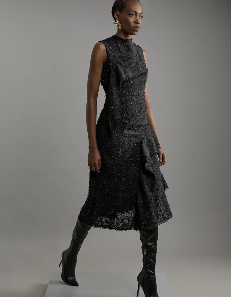 Metallic Boucle Tailored Sleeveless Asymmetric Midaxi Dress
