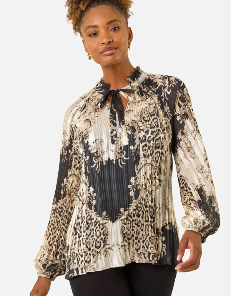 Animal Print Tie Neck Pleated Top