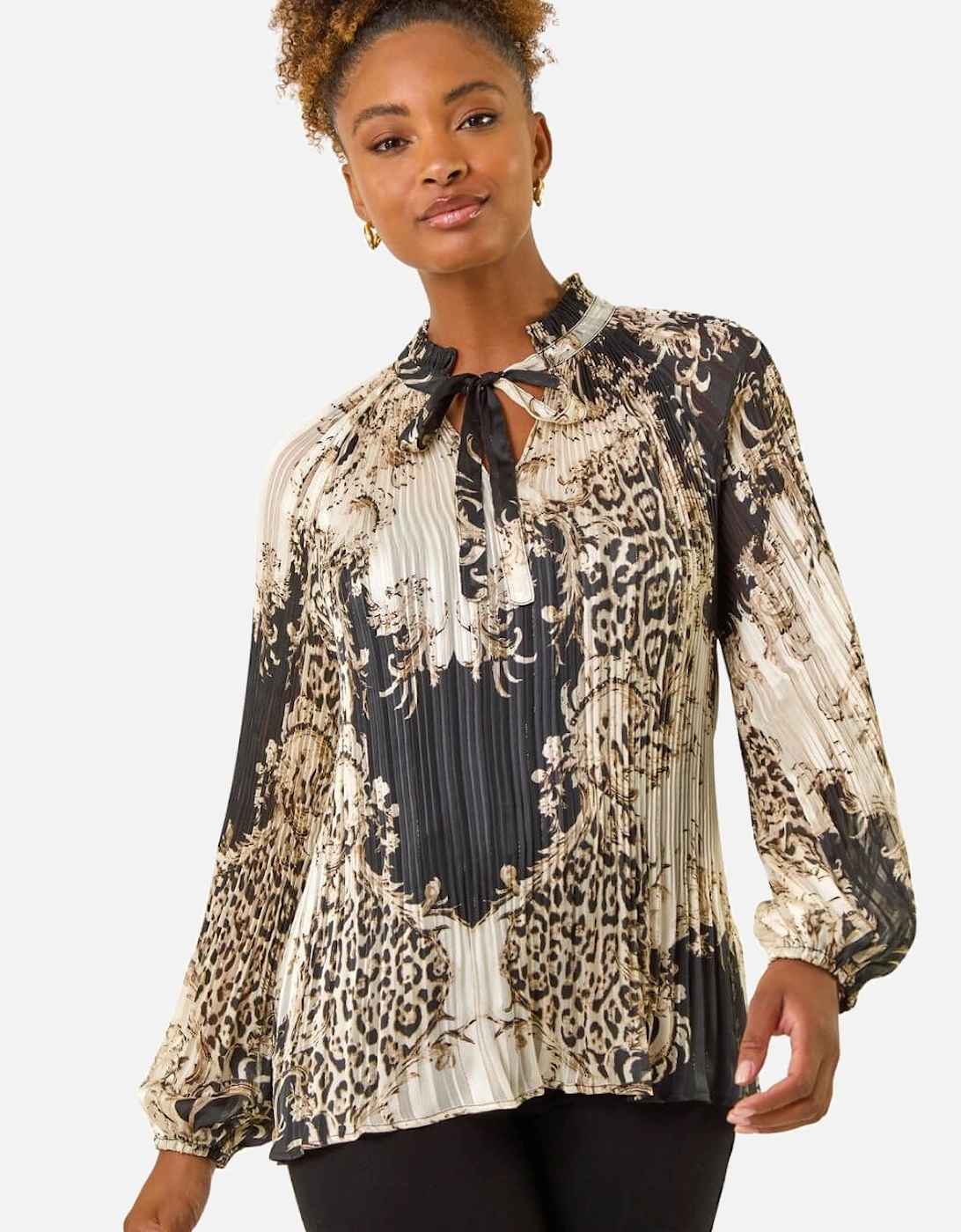 Animal Print Tie Neck Pleated Top, 2 of 1