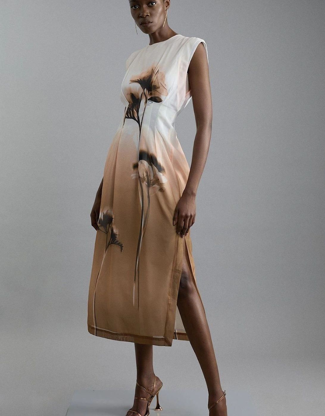 Placed Floral Organdie Pintuck Detail Midi Dress, 2 of 1