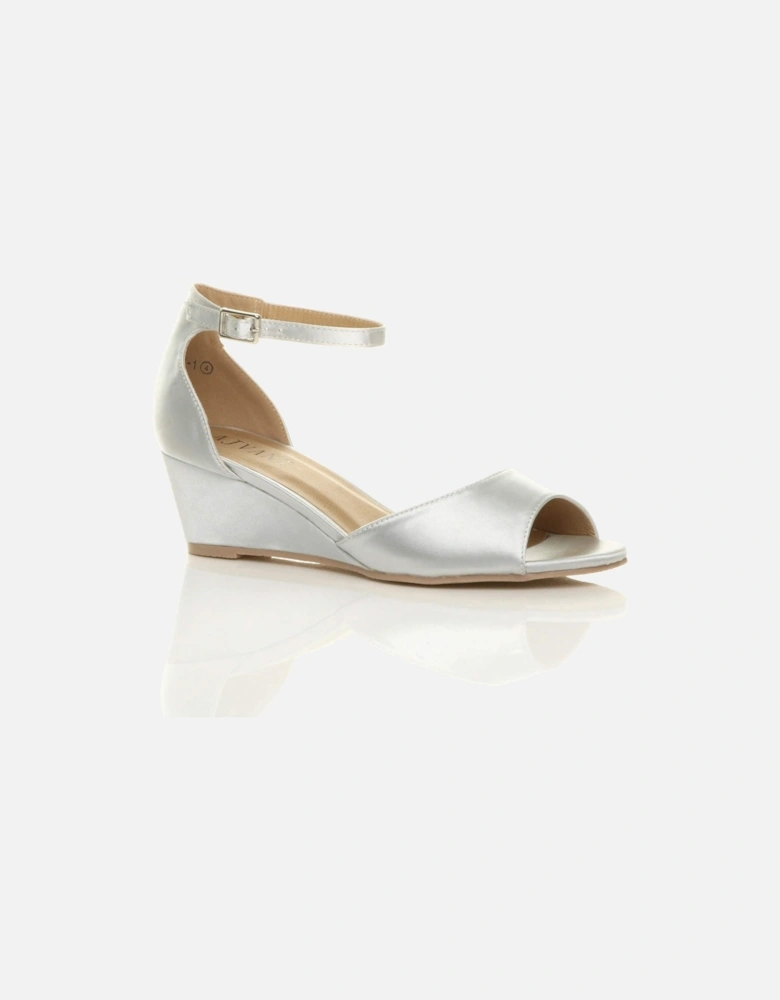 Mid Wedge Heel Ankle Strap Satin Sandals