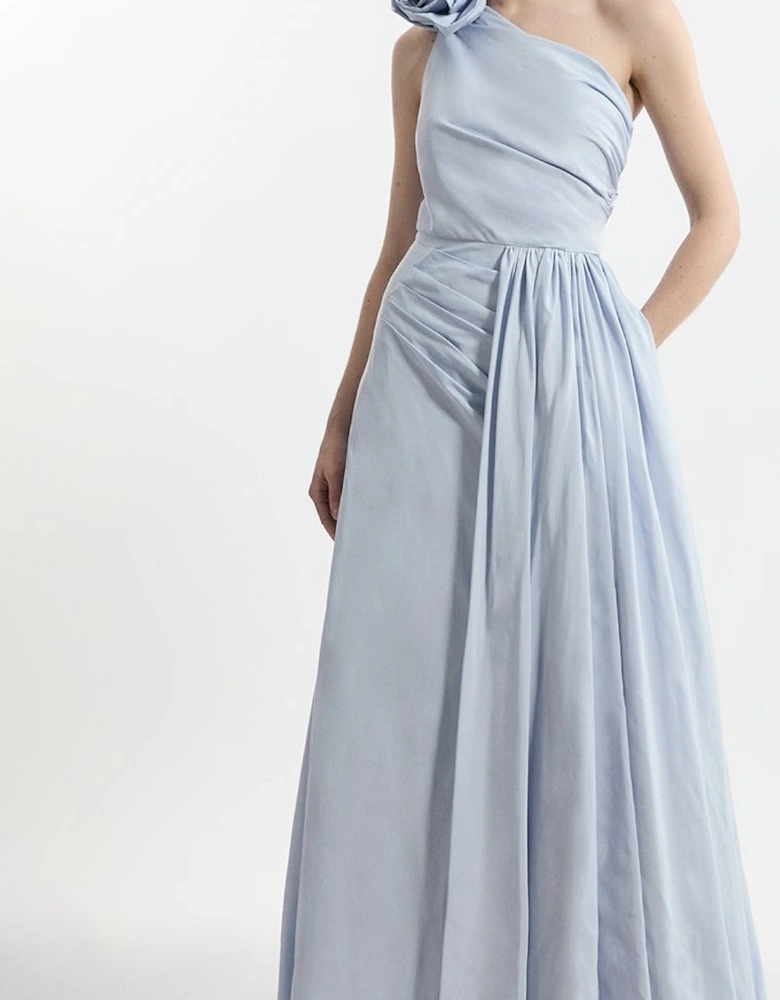 Petite Taffeta Rosette Neck Tailored Pleat Gathered Maxi Dress