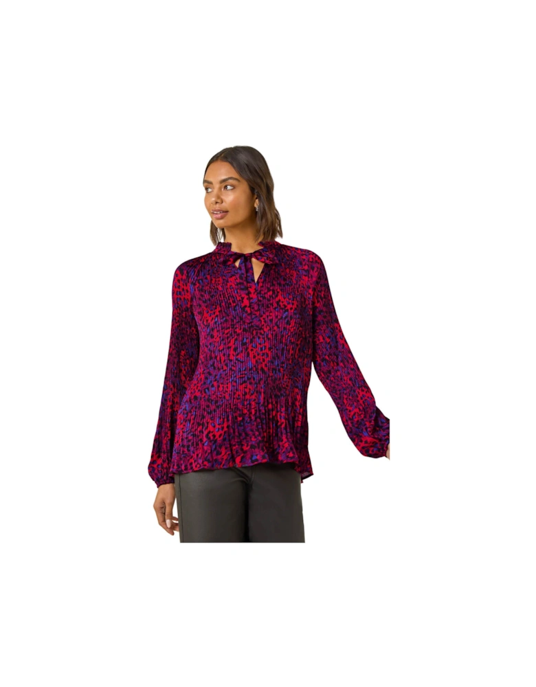 Animal Print Tie Neck Pleated Top