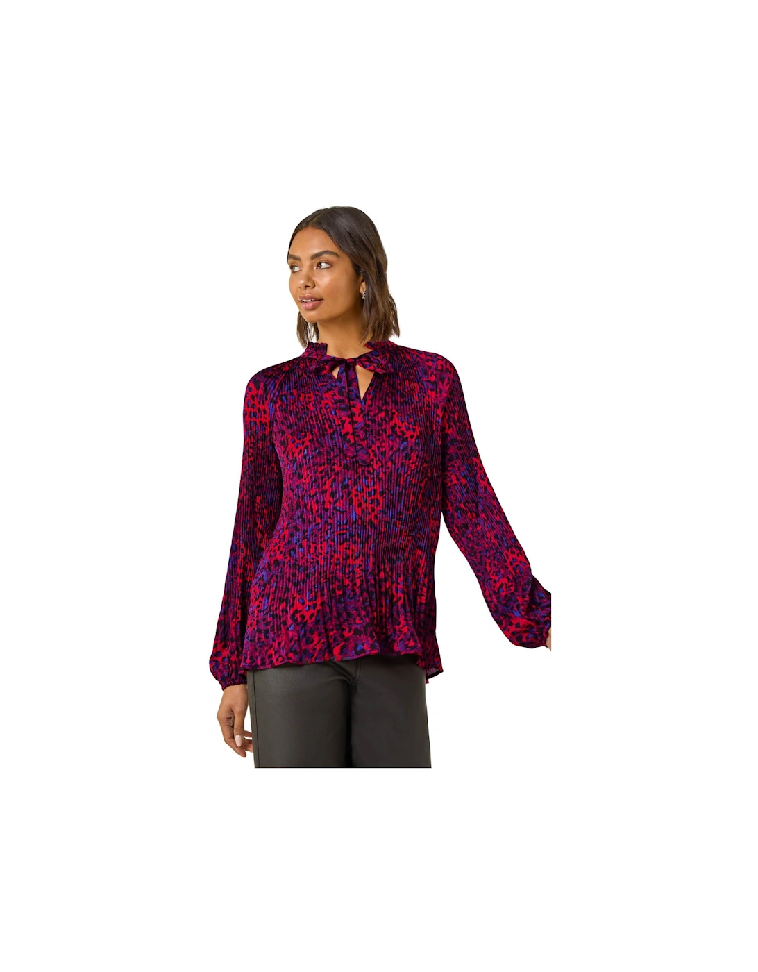 Animal Print Tie Neck Pleated Top, 2 of 1