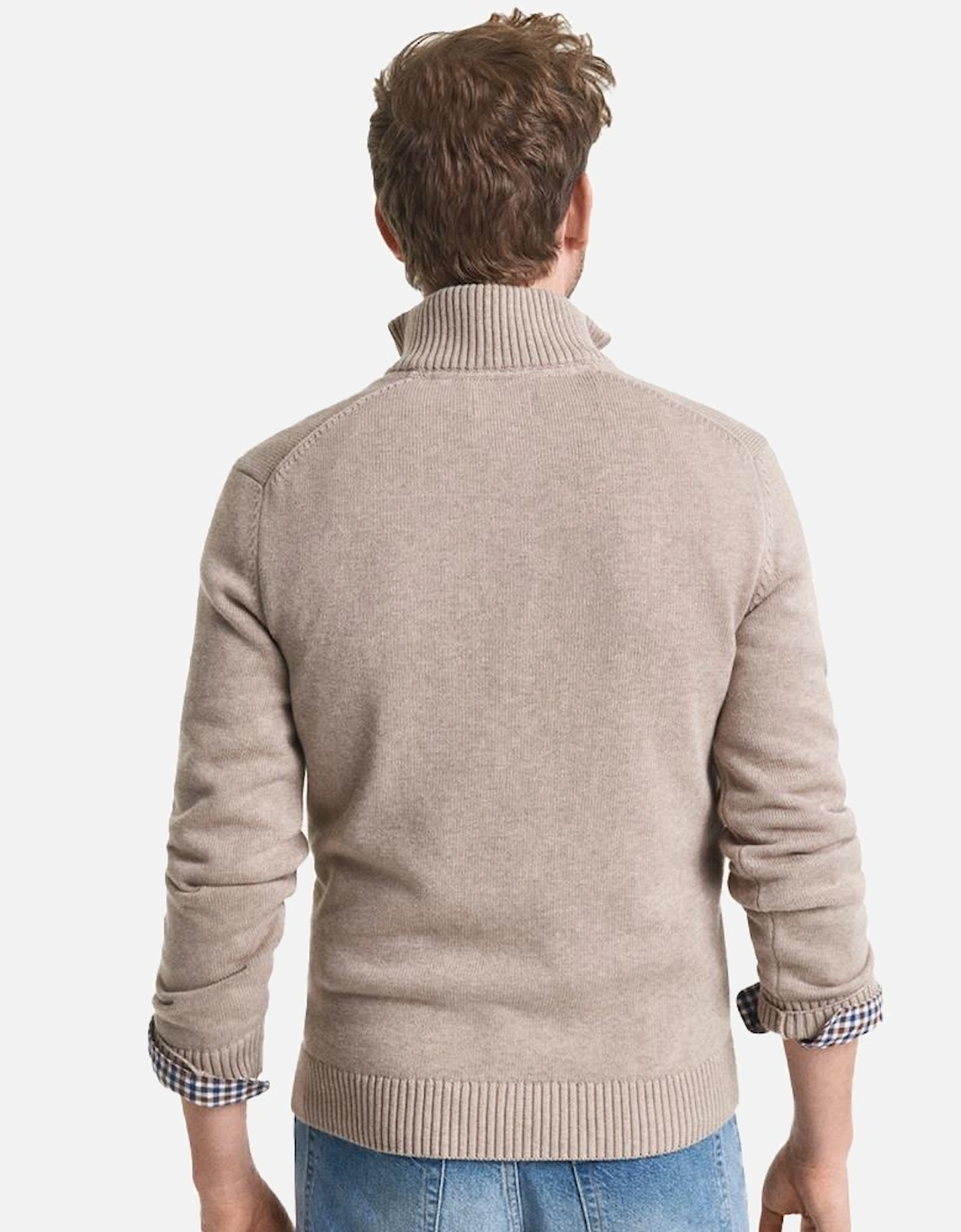 Casual Cotton Half Zip Top, Dark Sand Melange