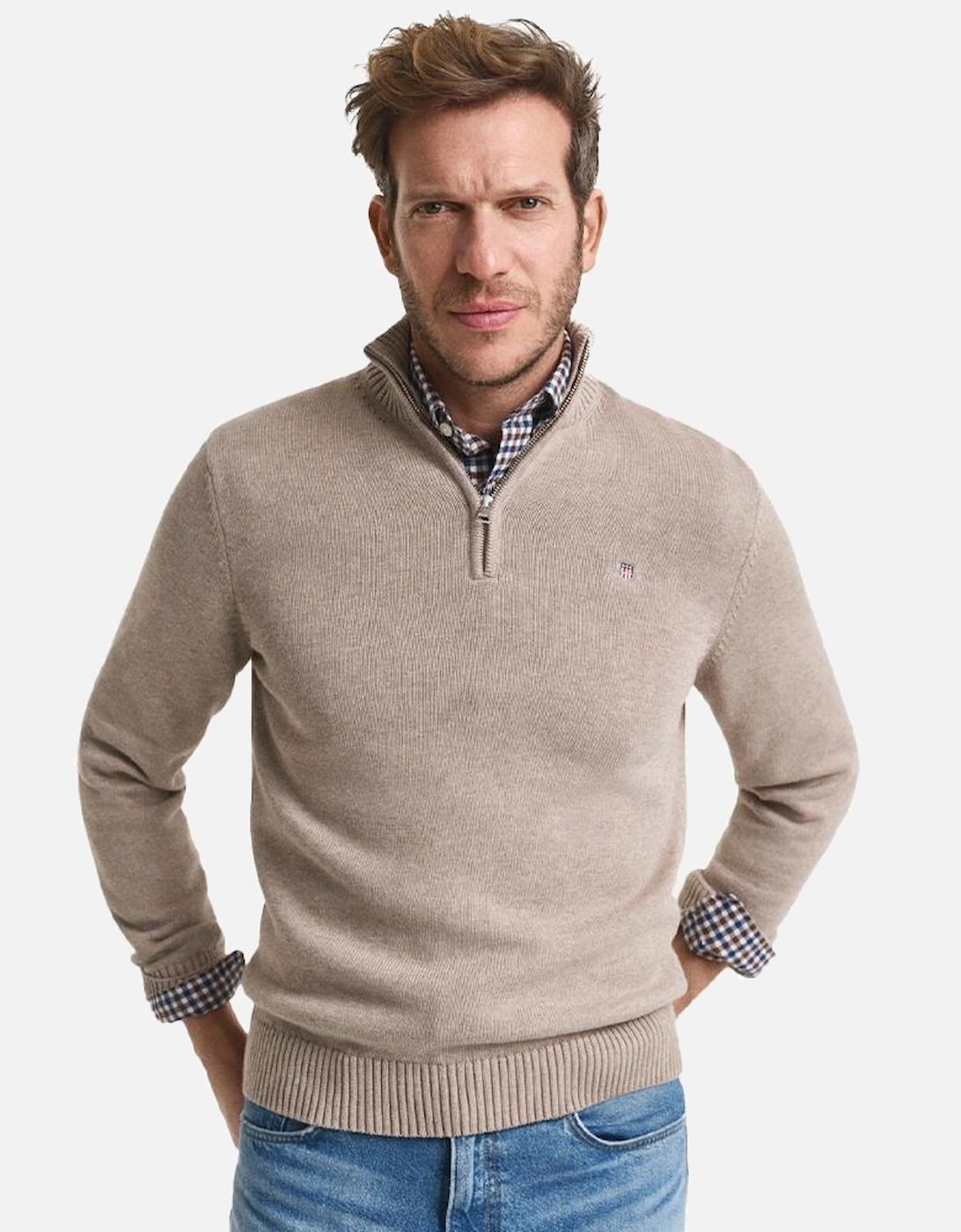 Casual Cotton Half Zip Top, Dark Sand Melange