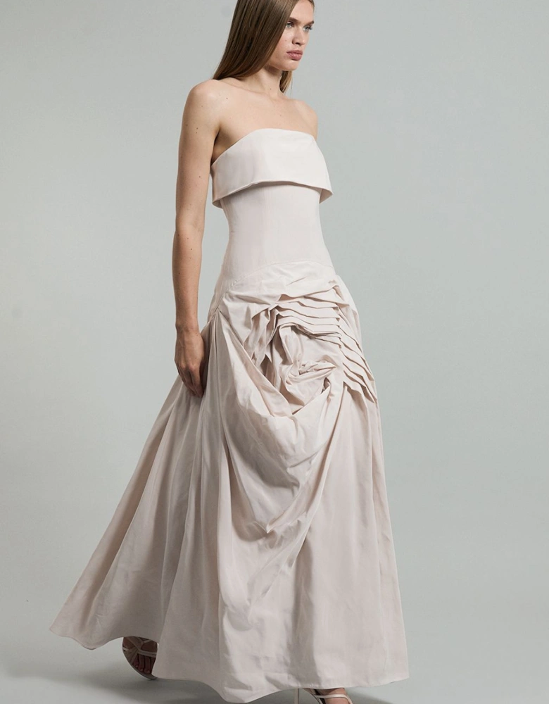Taffeta Bandeau Tailored Rosette Pleat Maxi Dress