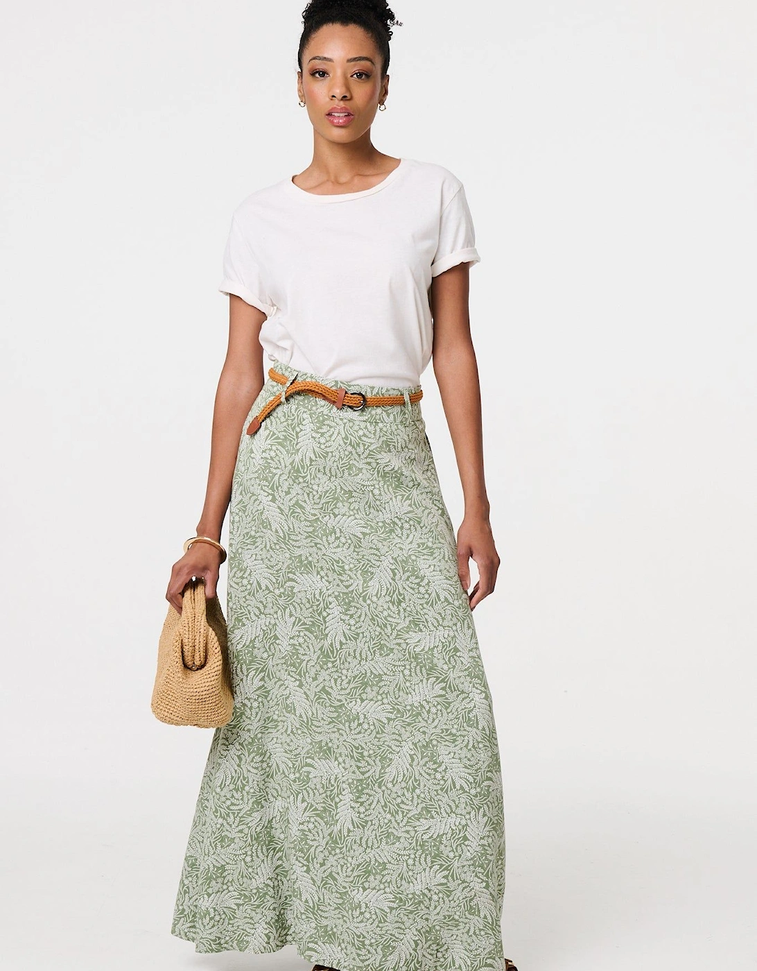 Leaf Print Belt Detail Maxi Skirt, 2 of 1