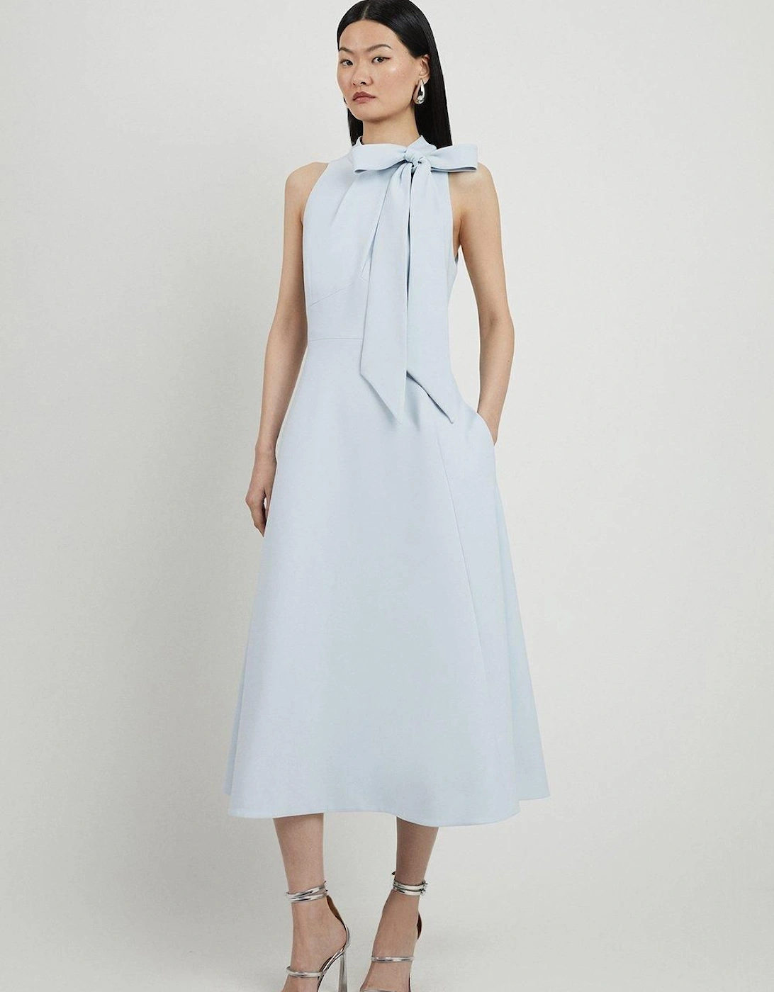 Compact Stretch Bow Tie Neck Full Skirted Midi Dress, 2 of 1