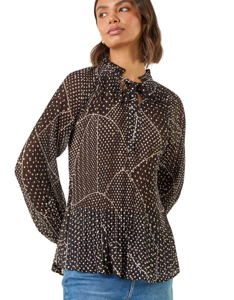 Spot Print Tie Neck Pleated Top