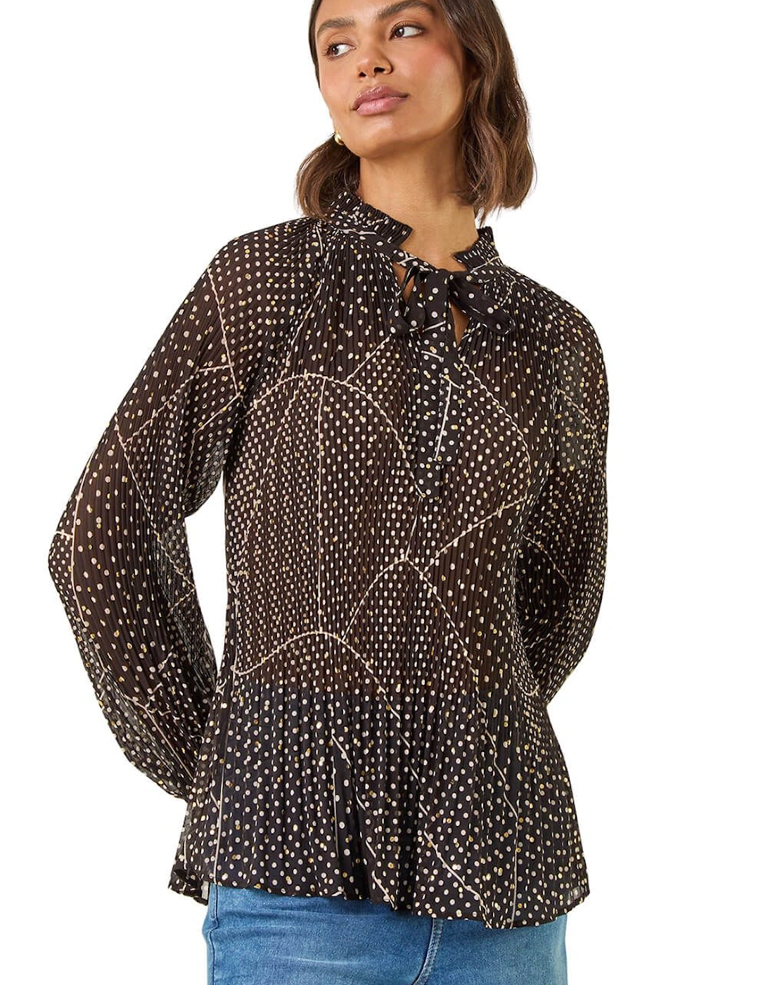 Spot Print Tie Neck Pleated Top, 2 of 1