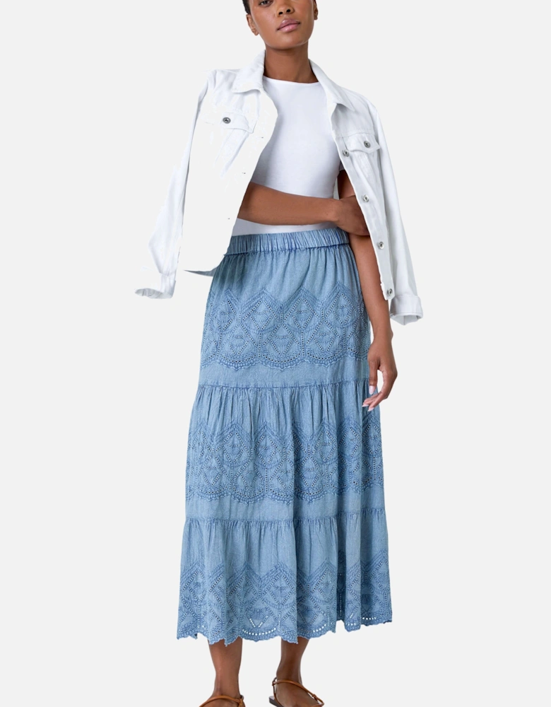 Broderie Elastic Waist A Line Tiered Midi Skirt