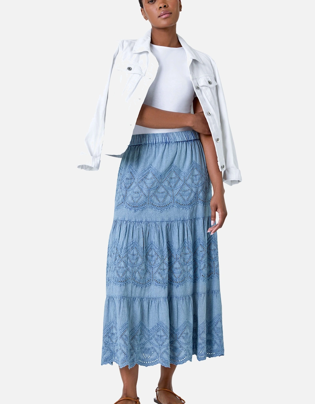 Broderie Elastic Waist A Line Tiered Midi Skirt, 2 of 1