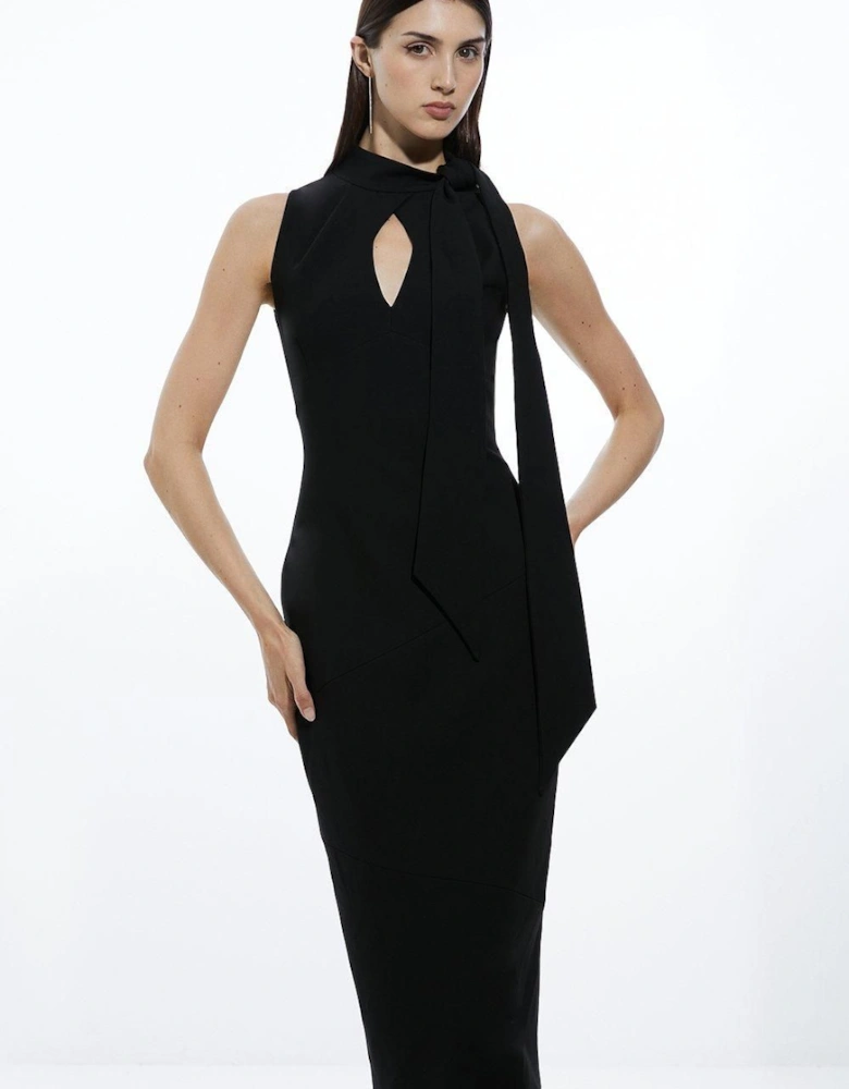 Compact Stretch Neck Tie Panelled Midi Dress
