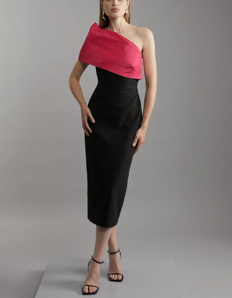 Clean Tailored Taffeta One Shoulder Panel Midi Dress