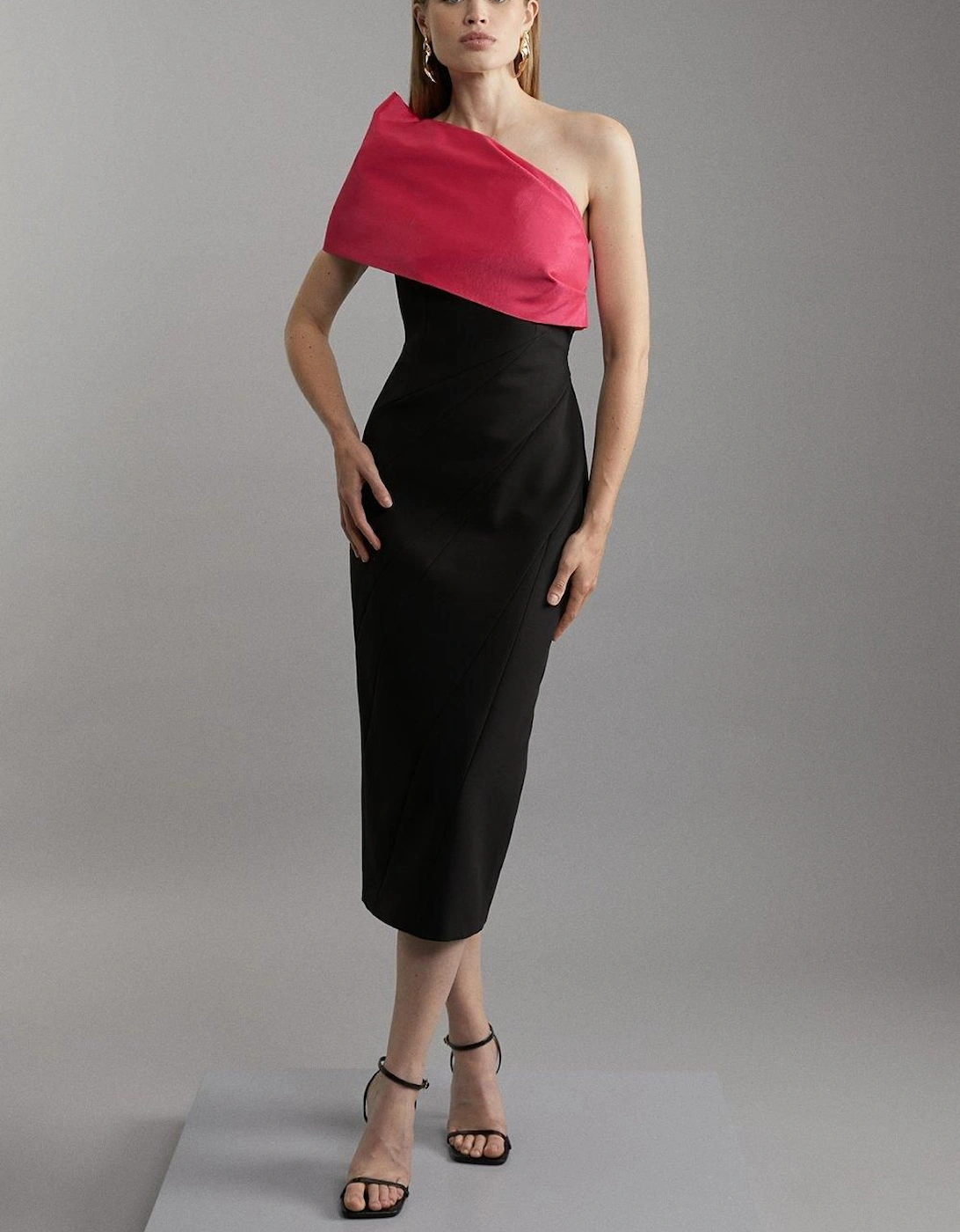 Clean Tailored Taffeta One Shoulder Panel Midi Dress, 2 of 1