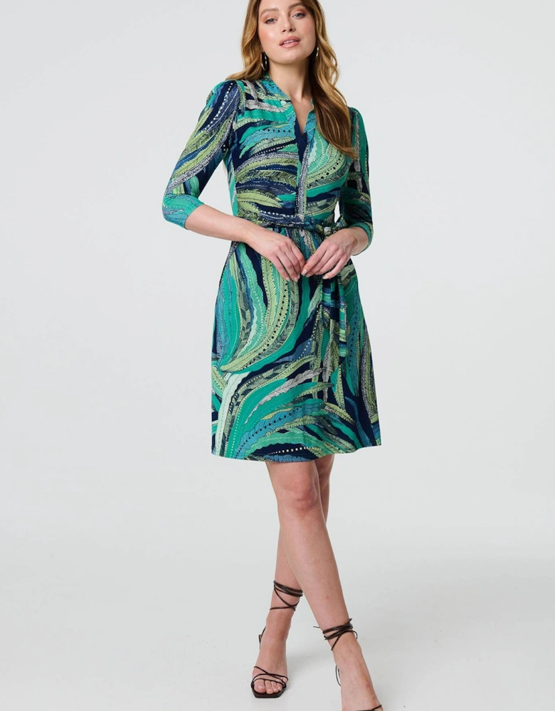 Leaf Print 3/4 Sleeve Short Wrap Dress