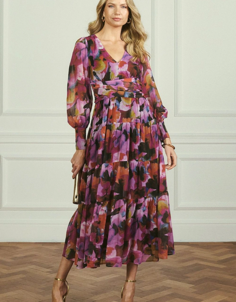 Floral Long Sleeve Ruched Maxi Dress