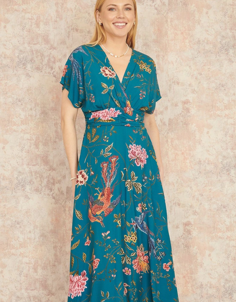 Teal Bird and Floral Print Ruched Waist Kimono Midi Dress