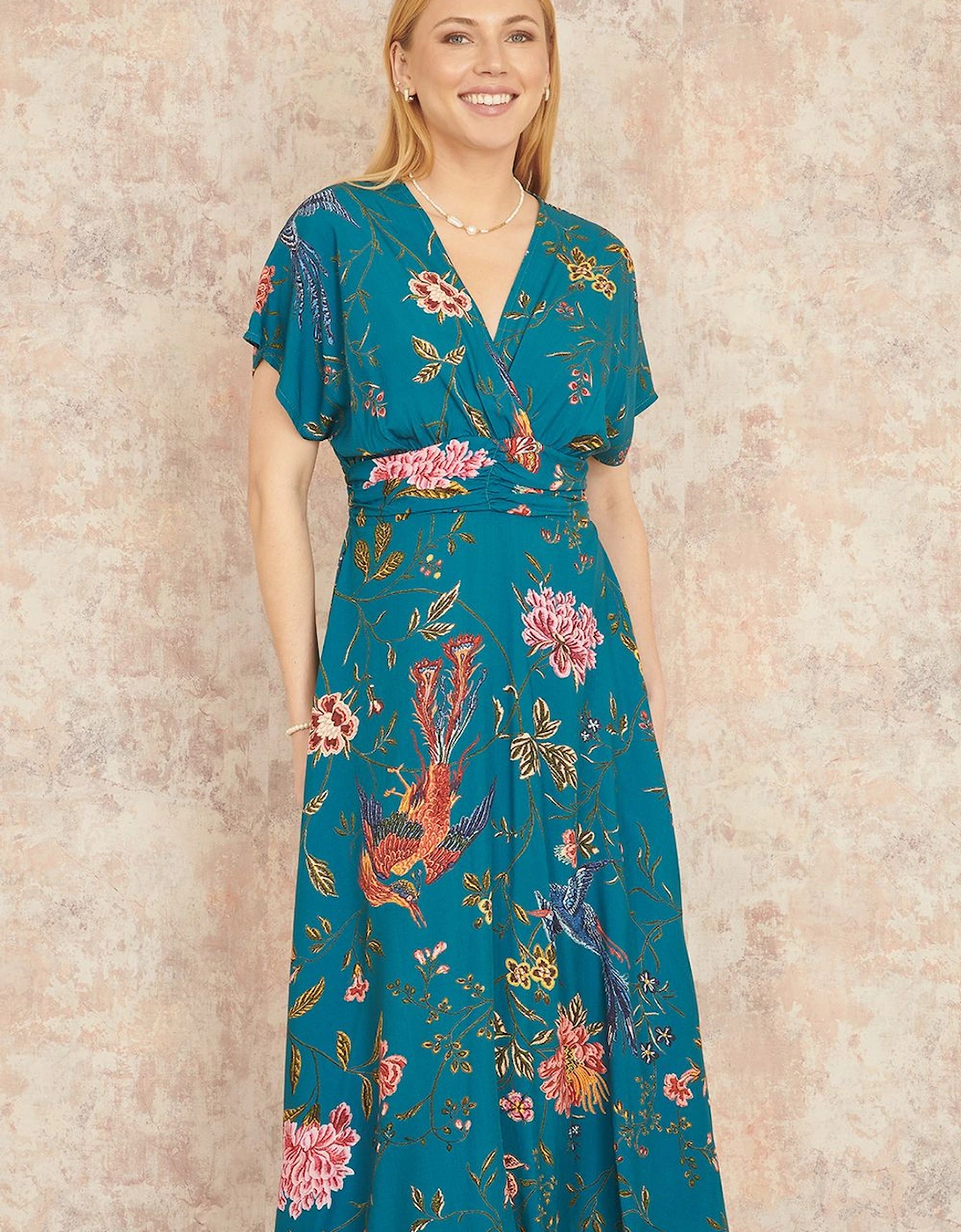 Teal Bird and Floral Print Ruched Waist Kimono Midi Dress, 2 of 1