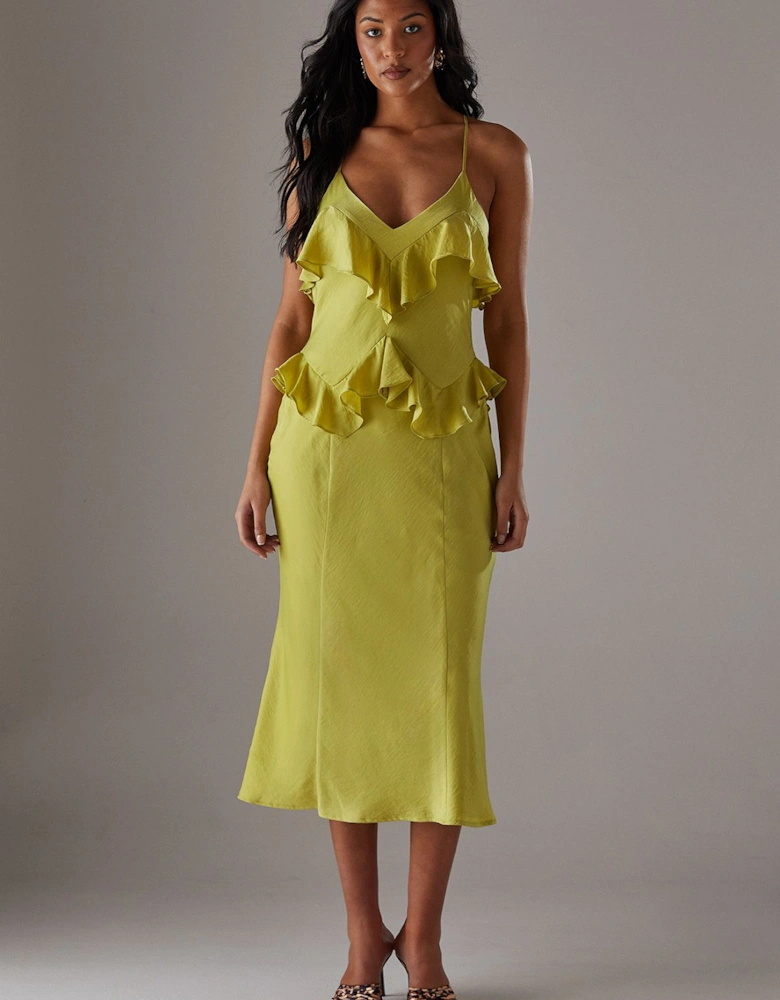 Ruffle Detail Bias Satin Dress