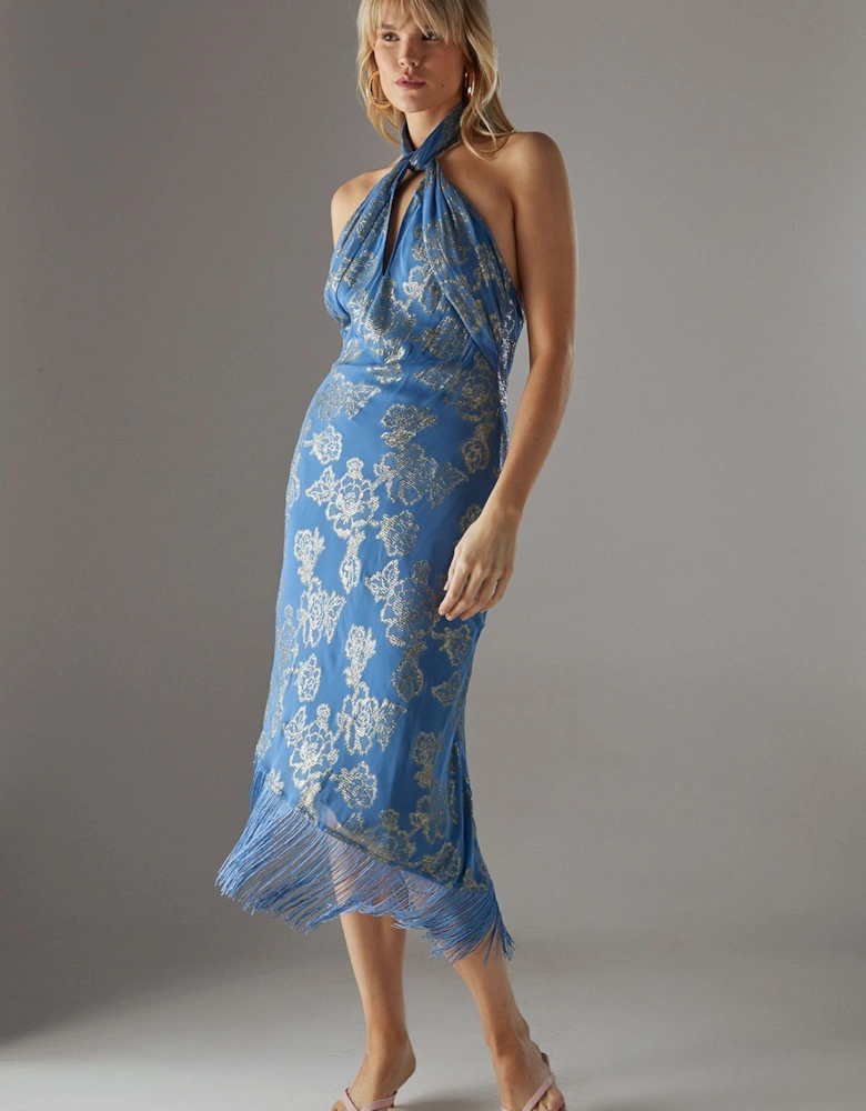 Metallic Chiffon Fringe Hem Halter Wrap Front Midi Dress