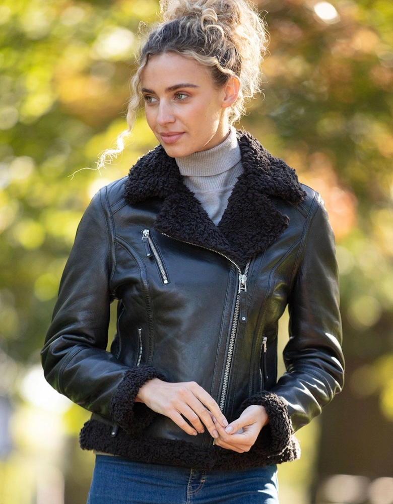 '2418' Ladies Leather Biker Jacket with Faux Fur