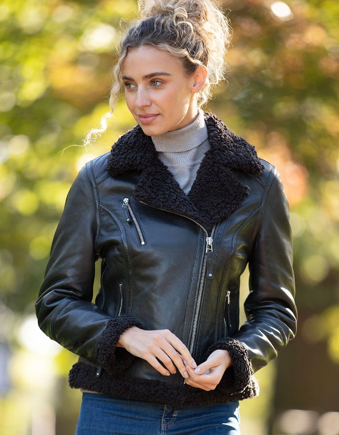 '2418' Ladies Leather Biker Jacket with Faux Fur, 2 of 1
