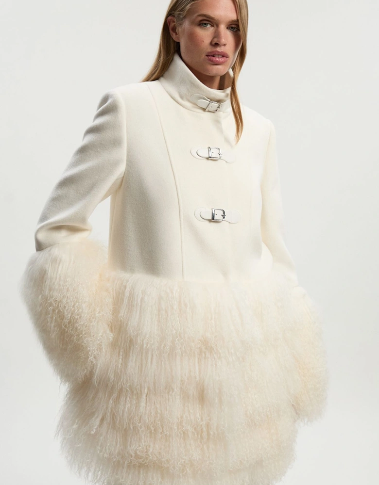 Brushed Wool And Shearling Buckle Detail Short Tailored Coat
