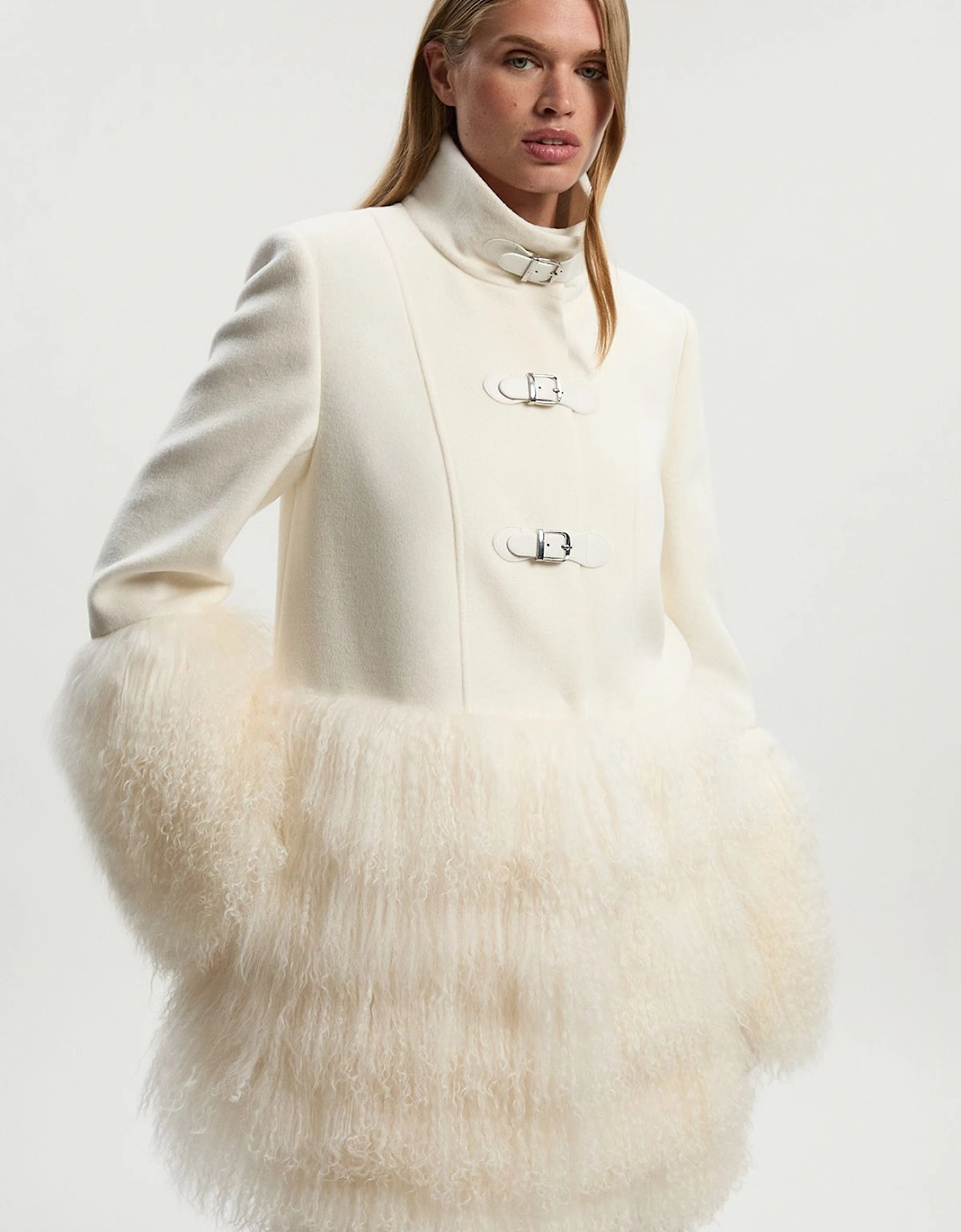 Brushed Wool And Shearling Buckle Detail Short Tailored Coat, 2 of 1
