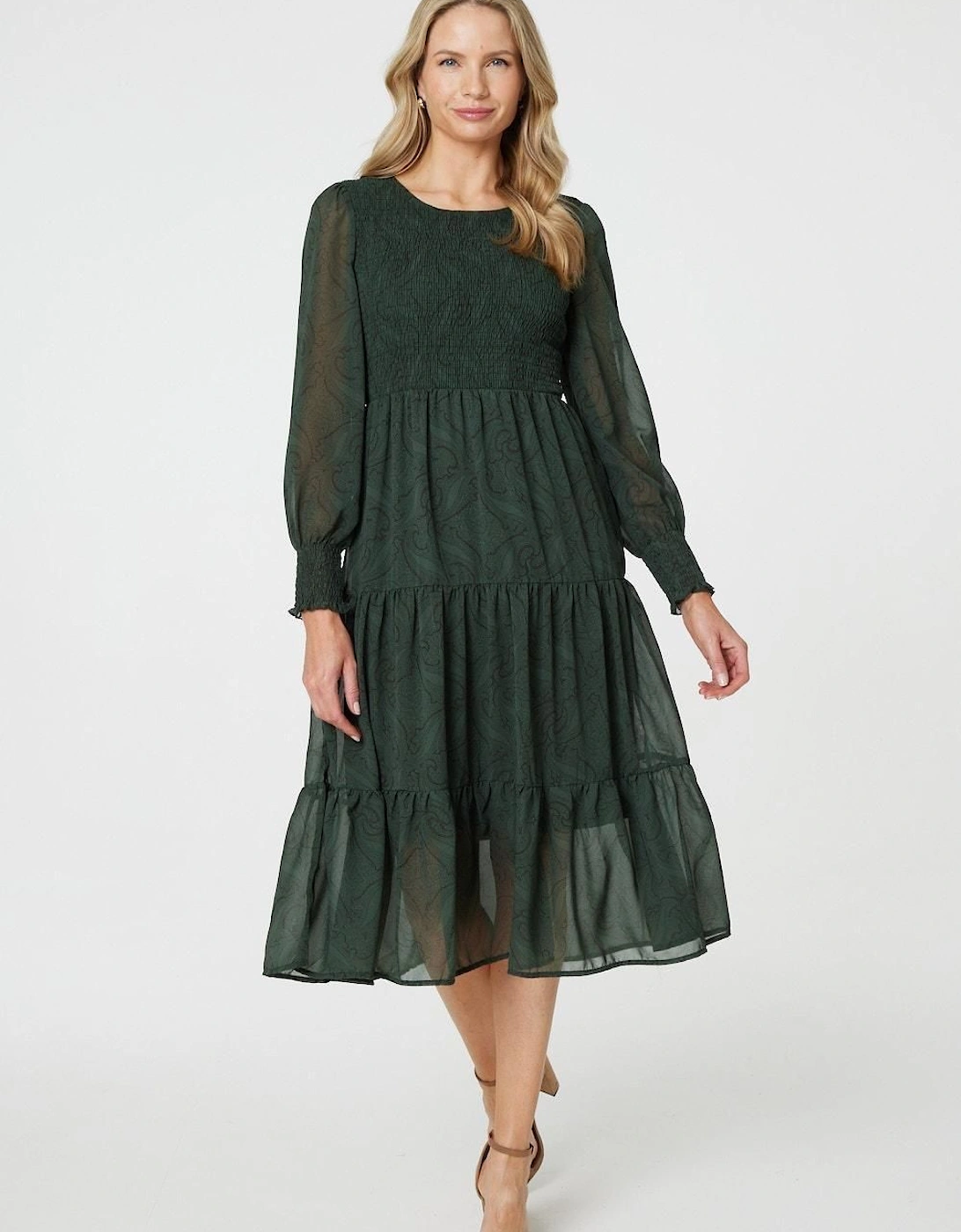 Printed Sheer Layer Midi Smock Dress, 2 of 1